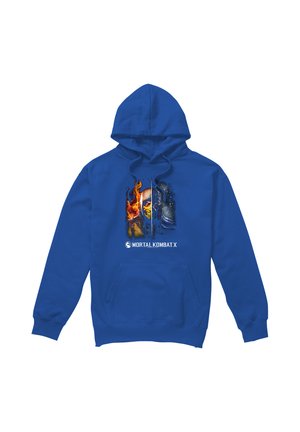 Blauer Kapuzenpullover mit einem geteilten Gesicht-Design, auf der einen Seite Feuer, auf der anderen Seite Eis, und dem Text „Mortal Kombat X“ darunter.