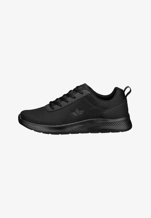 Black athletic shoes made of mesh fabric, featuring a lace-up design, a textured sole, and a pull tab at the heel for easy wear.