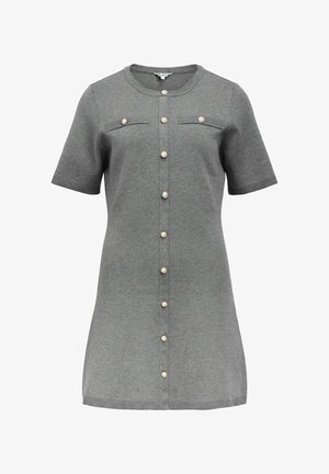 Hall isestatud hall kahandatud kleit lühikesed varrukad, ümar kaelus, esipaneelil nööbid, mis meenutavad pärleid, ning kaks rinna taskut.