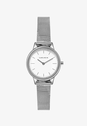 Silbernes Mesh-Armbanduhren mit runder Gehäuse, weißem Zifferblatt und minimalistischen Stundenmarkierungen. Verfügt über ein auffälliges Markenlogo und ein schlichtes Design.