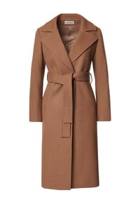 Brązowy wełniany płaszcz z kołnierzem z klapami, długimi rękawami i paskiem do wiązania. Gładka faktura, długość do kolan, o dopasowanym kroju.