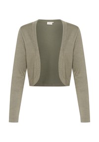 Gekürzter Cardigan in hellem Olivgrün, aus weichem Strickmaterial. Mit offenem Vorderteil, abgerundeten Kanten und langen Ärmeln.