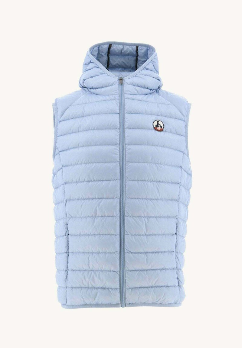 Gilet imbottito senza maniche di colore azzurro chiaro con cappuccio, con motivo trapuntato, zip frontale e un piccolo logo sul lato sinistro del petto. Texture morbida.