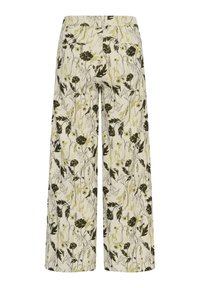 Laiade jalgadega kreemjad püksid kõrge vöökohaga, millel on roheline ja must botaaniline lillemuster kogu pinnal ning tagaküljel paspeltaskud.