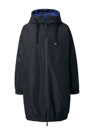 Parka nera lunga con cappuccio, cerniera frontale e coulisse regolabile. Presenta due tasche laterali con cerniera e un rivestimento blu a motivo.