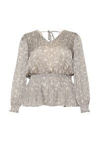 Blusa grigia chiara con scollo a V, maniche lunghe a palloncino, vita arricciata e un sottile motivo astratto in diverse tonalità di grigio.