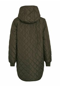 Manteau long matelassé vert foncé avec capuche, présentant un motif en losanges, des poignets élastiques et un ourlet incurvé pour une silhouette ajustée.