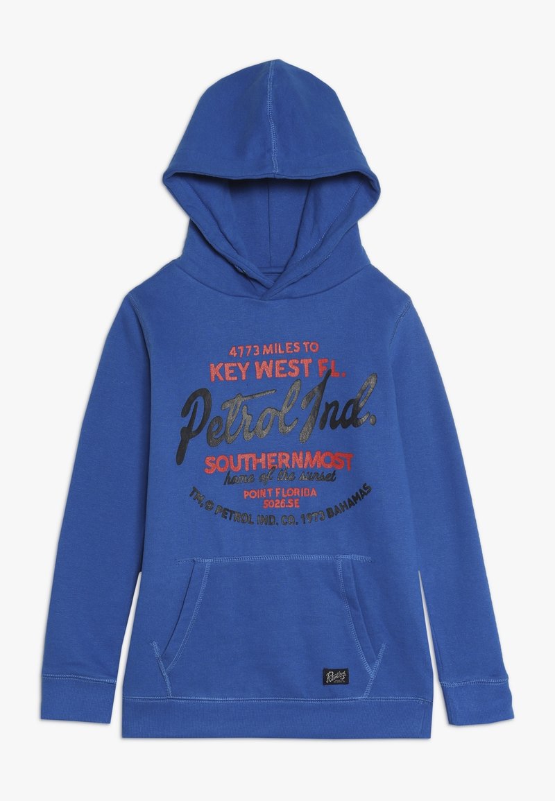 Sweat à capuche bleu avec poche avant, avec un texte rouge et noir faisant référence à Key West, en Floride, et à la marque Petrol Ind.