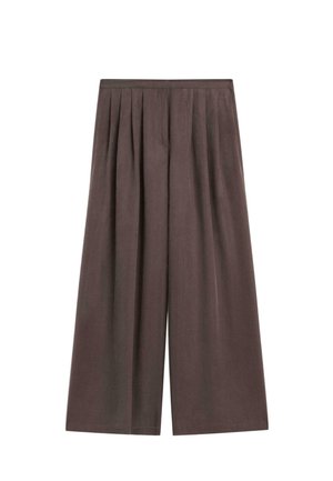 Pantaloni marroni a gamba larga con vita alta e pieghe frontali, realizzati in tessuto morbido.