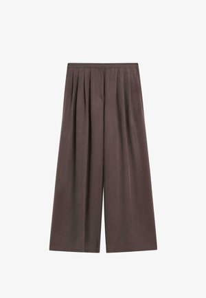 Pantaloni marroni a gamba larga con vita alta e pieghe frontali, realizzati in tessuto morbido.