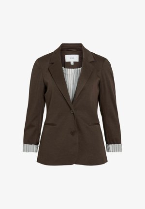 Brauner Blazer mit taillierter Passform, zwei Knöpfen und seitlichen Taschen. Mit gestreiften Manschetten und einem feinen gestreiften Futter, hergestellt aus weichem Material.