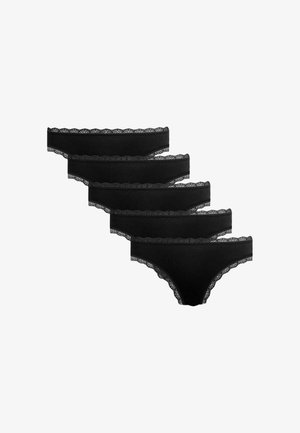 Schwarze Baumwollunterhosen mit Spitzenbesatz, im niedrigen Schnitt und mit glatter Oberfläche. Fünf Teile, die in gestapelter Anordnung präsentiert werden.