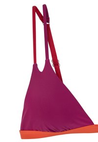 Top bikini triangolare in un vivace fucsia con una banda arancione a contrasto e doppie spalline in rosso e fucsia, dotato di hardware regolabile.