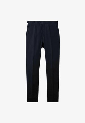 Pantalones de lino azul marino con un corte relajado, que presentan una parte delantera plana, dos bolsillos laterales y dos cierres de botón en la cintura.