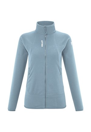 Light blue fleece jacket with a high collar, full zipper, and zippered side pockets; features textured fabric and a logo on the chest.