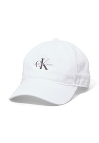 Casquette de baseball blanche en coton, avec une visière incurvée et un logo "CK" brodé accompagné de "Calvin Klein Jeans" en dessous en gris.