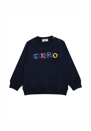 Felpa a maniche lunghe per bambino di colore blu navy con lettere colorate ricamate sul petto e due bottoni a pressione sulla spalla sinistra.