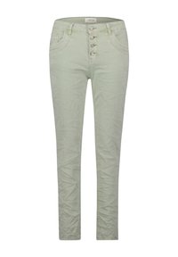Pantalons en coton mélangé vert clair avec une coupe slim, fermeture à cinq boutons à l'avant et finition texturée. Comprend des poches sur les côtés.