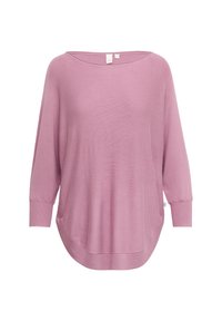 Różowy, oversize'owy sweter z szerokim dekoltem, rękawami do 3/4 i zaokrąglonym dołem. Wykonany z miękkiego, teksturowanego materiału. Posiada boczne kieszenie.