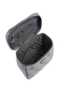 Borsa cosmetica a righe grigie con chiusura a zip e interno foderato con tasche elastiche per un'organizzazione efficiente.
