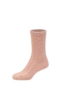 Jasnoróżowe, prążkowane skarpety wykonane z teksturowanego dzianego materiału, wyposażone w wygodną ściągacz i zaokrąglony przód palców.