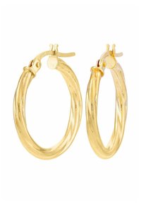 Kuldse tooniga keerdunud rõngaskõrvarõngad poleeritud viimistlusega, millel on kindel kinniti ja sile, ümar kuju kerge disaini jaoks.