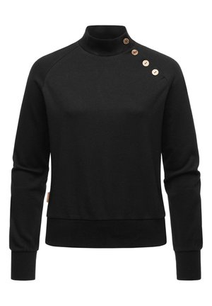 Pull noir à manches longues avec col montant et quatre boutons en bois le long de la couture de l'épaule gauche.