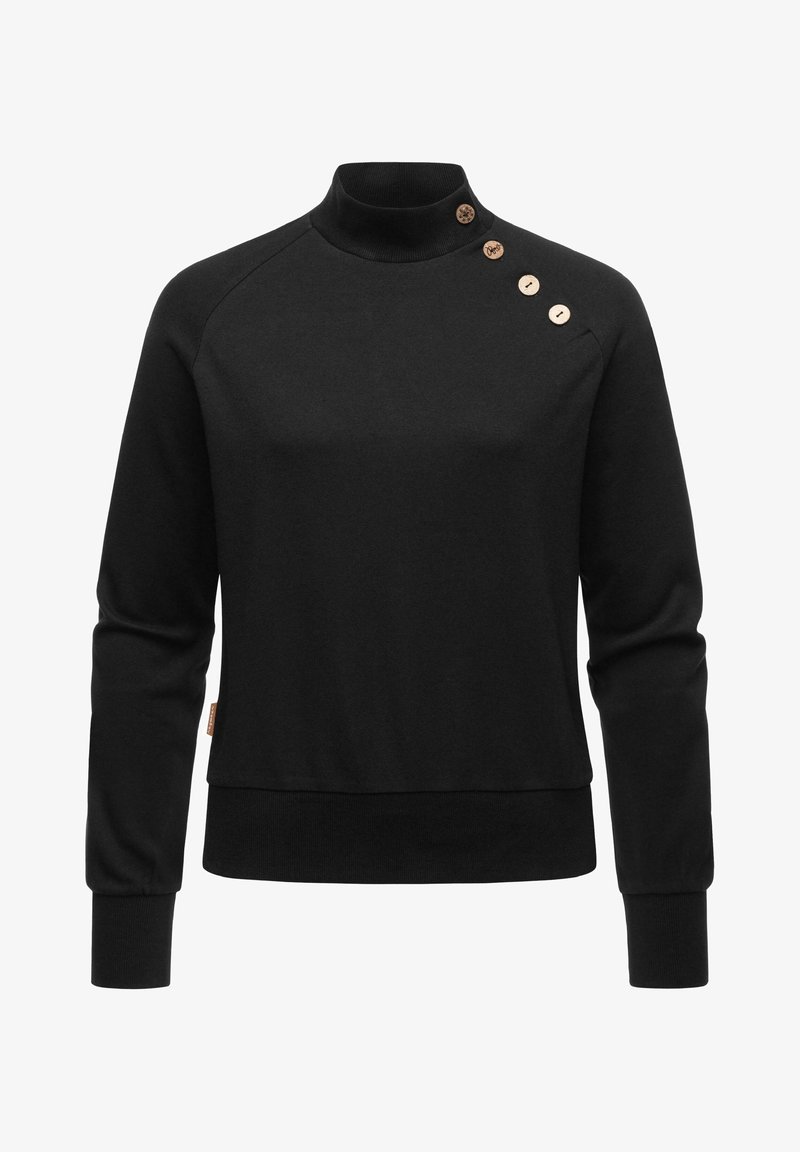 Pull noir à manches longues avec col montant et quatre boutons en bois le long de la couture de l'épaule gauche.