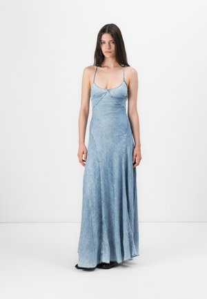 Light blue denim maxi dress with thin straps, a fitted bodice, and flowing skirt; features subtle texture and curved seams for design detail.