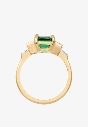 Zlatý prsten s centrálnym smaragdovo rezaným zeleným kameňom, po oboch stranách so zelenými bočnými kameňmi, s hladkým prstienkom a lešteným povrchom.