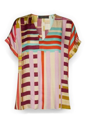 Blusa a maniche corte con scollo a V, caratterizzata da righe verticali e orizzontali nei colori bordeaux, arancione, verde petrolio, rosa, crema e verde oliva.