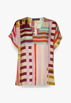 Blusa a maniche corte con scollo a V, caratterizzata da righe verticali e orizzontali nei colori bordeaux, arancione, verde petrolio, rosa, crema e verde oliva.