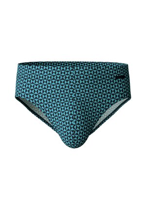 Slips de bain pour homme en tissu lisse, arborant un motif géométrique en triangles bleus et noirs, avec une taille basse et un design de ceinture simple.