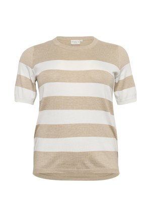 Kurzes Oberteil in beige-weißen Streifen, aus weichem Strickmaterial. Verfügt über einen runden Halsausschnitt sowie gerippte Bündchen und Saum.