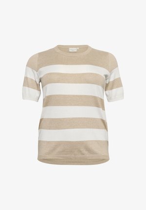 T-shirt à manches courtes à rayures beiges et blanches, fabriqué en tissu tricot doux. Doté d'un col rond et de bords-côtes aux poignets et à l'ourlet.