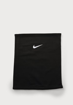 Schwarzer Halswärmer aus dehnbarem Material mit einem weißen Nike-Logo. Glatte Textur mit sauberen Kanten, designed für Wärme und Komfort.