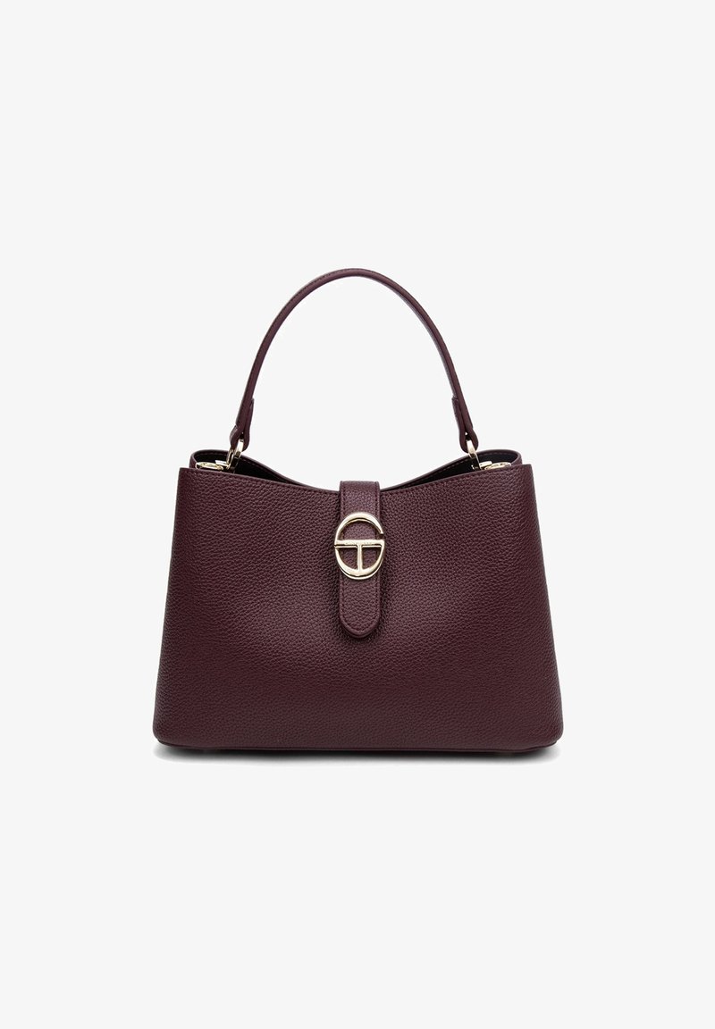 Borsa a mano in pelle bordeaux con finitura testurizzata, manico superiore e accessori in oro, caratterizzata da una chiusura circolare su una fascia centrale.