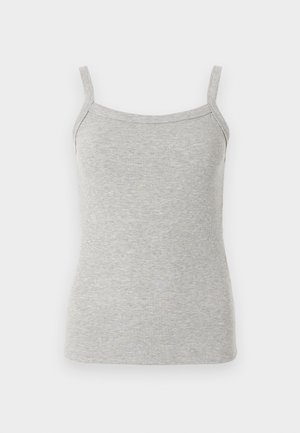 Gray ribbed tank top with thin straps, featuring a fitted design and soft texture, suitable for layering or casual wear.