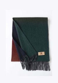 Écharpe en laine aux couleurs vert foncé, marine et rouille avec des bords à franges. Présente une forme rectangulaire et une étiquette en cuir. Texture douce.