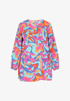 Kolorowa, wzorzysta sukienka z mieszanką różowych, pomarańczowych, niebieskich i akwamarynowych wirów. Długie rękawy z marszczonymi mankietami oraz zapięcie na plecach w kształcie otworu.