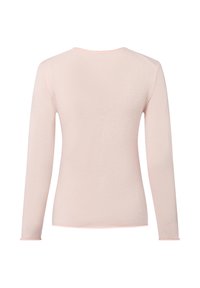Hellrosa langärmliger Strickpullover, von hinten gezeigt, mit einem einfachen, taillierten Design und rundem Ausschnitt.