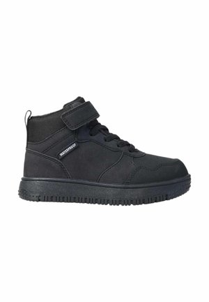 Black waterproof high-top sneaker with lace-up front and ankle strap, textured sole, and fabric heel loop.