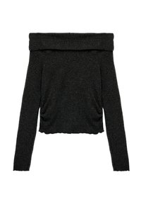 Off-shoulder, langærmet top i mørkegrå strikket stof, med en tætsiddende design og samlede detaljer i siderne, i en cropped længde.