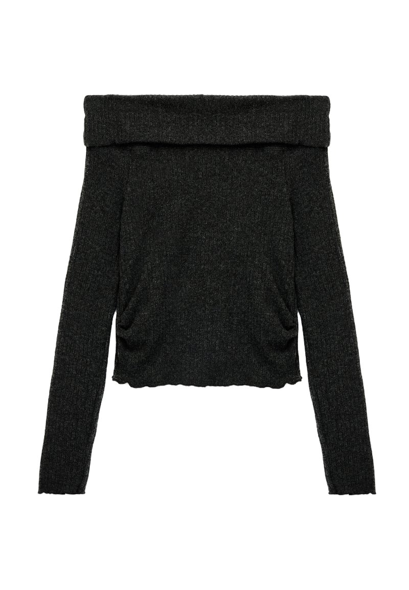 Off-shoulder, langærmet top i mørkegrå strikket stof, med en tætsiddende design og samlede detaljer i siderne, i en cropped længde.