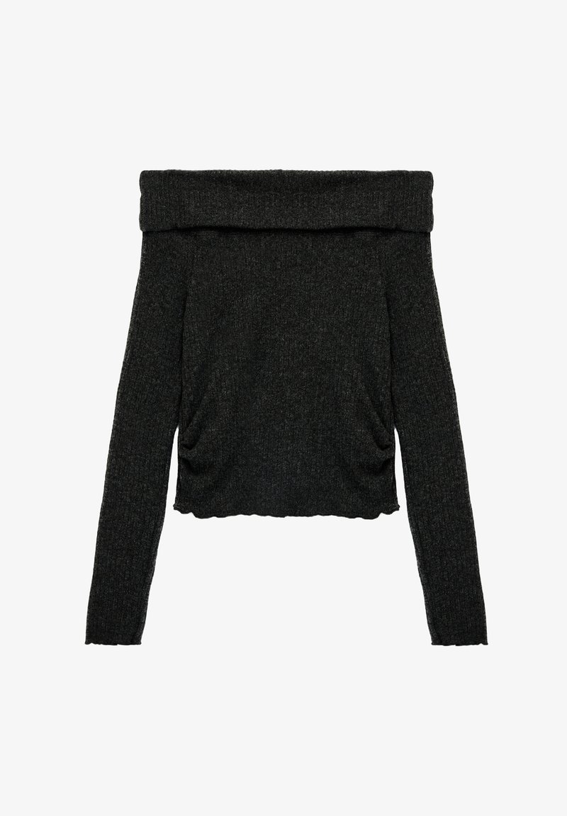 Off-shoulder, langærmet top i mørkegrå strikket stof, med en tætsiddende design og samlede detaljer i siderne, i en cropped længde.