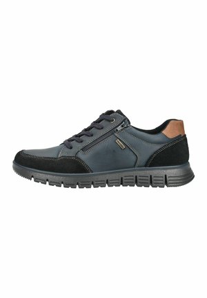 Legere schwarz-dunkelgraue Herrensneaker mit Schnürung vorne, seitlichem Reißverschluss, profilierter Sohle und braunem Akzent an der Ferse.