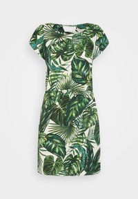 Krátké šaty s rukávy v bílé barvě s potiskem zelených tropických listů. Mají přiléhavý pas a uvolněnou siluetu. Hladká textilie.