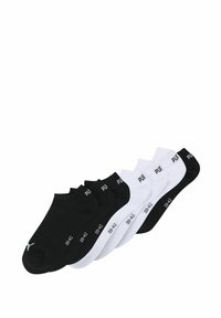 Set aus schwarz-weißen Knöchelsocken, aus Baumwollmischung gefertigt, mit gerippten Bündchen und aufgedruckten Größenangaben. Vier schwarze und zwei weiße Paare.