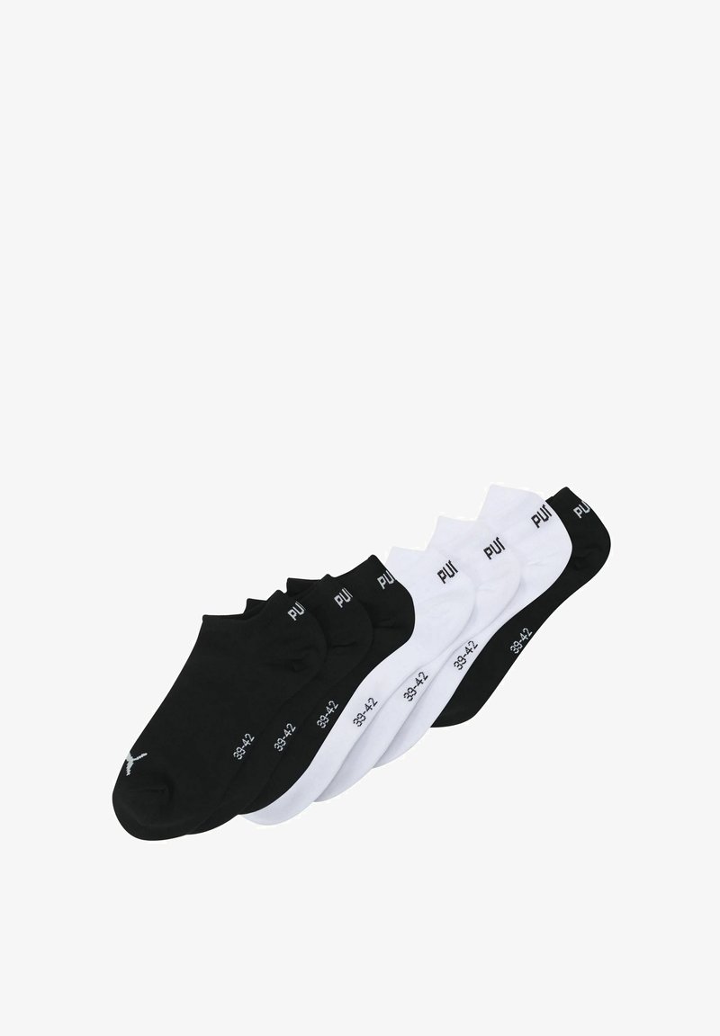 Set aus schwarz-weißen Knöchelsocken, aus Baumwollmischung gefertigt, mit gerippten Bündchen und aufgedruckten Größenangaben. Vier schwarze und zwei weiße Paare.