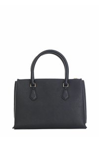 Borsa in ecopelle nera con manici tondi, accessori in tonalità oro e forma rettangolare strutturata. Superficie testurizzata con cuciture a contrasto.